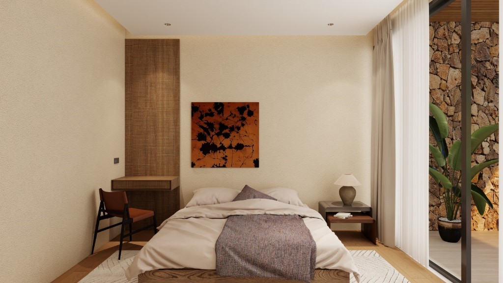 Bedroom with wood headboard and terrace view at Casa Colinas