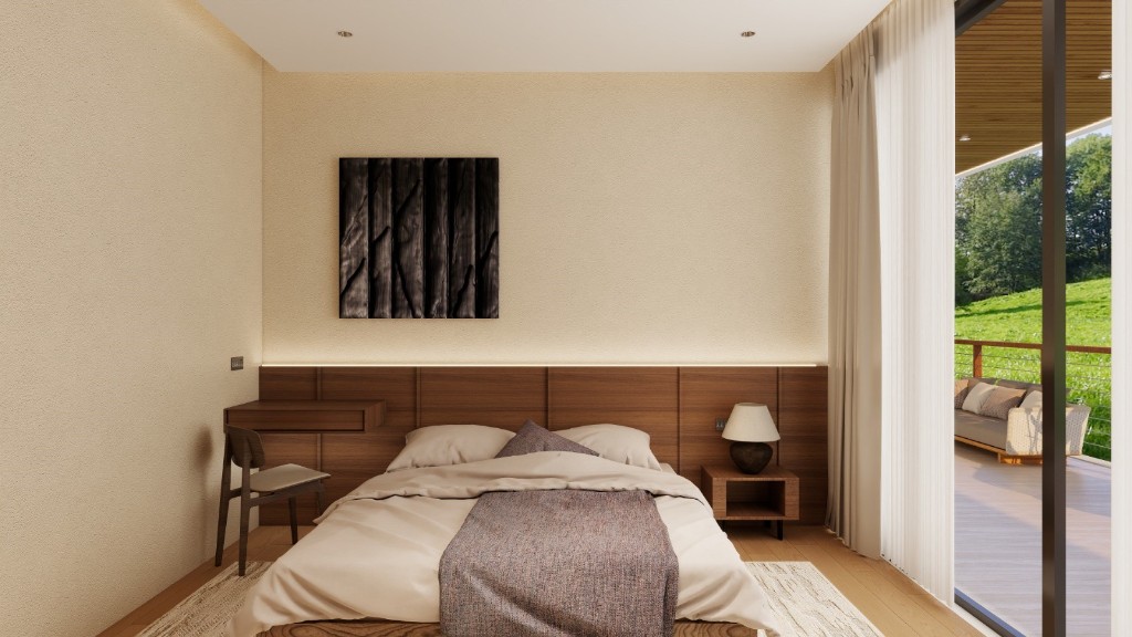 Bedroom with dark wood headboard and outdoor view at Casa Colinas