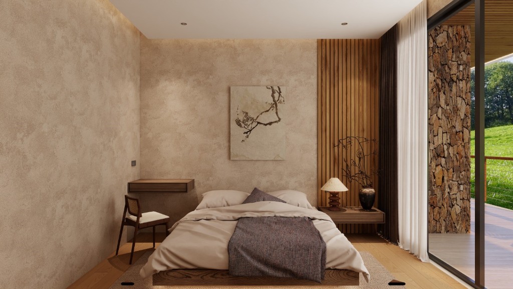 Bedroom with wood-slat accent and balcony at Casa Colinas